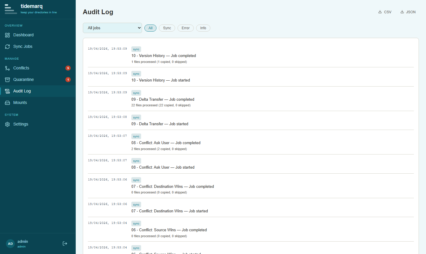Audit log with filters and event entries