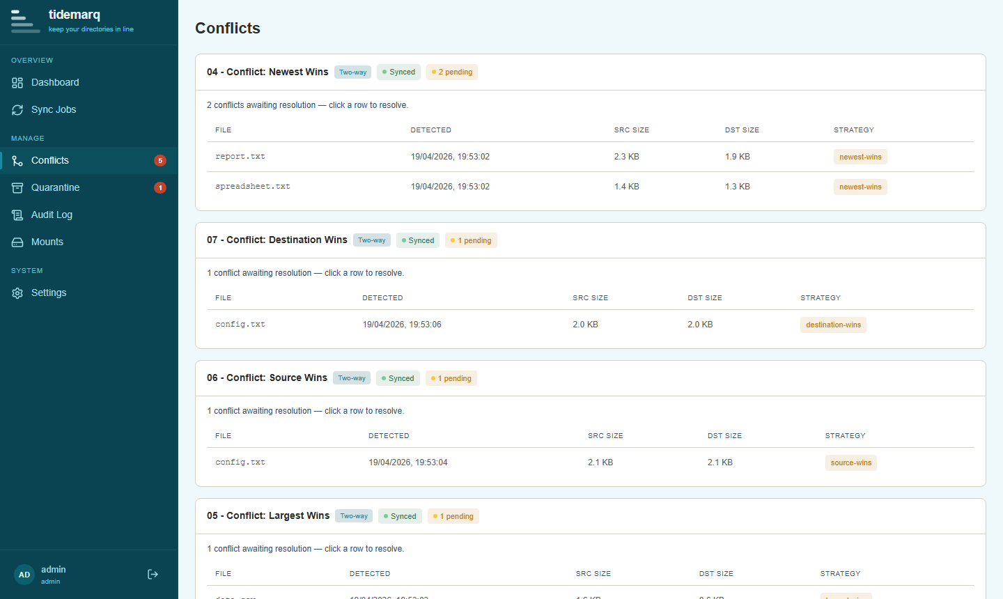 Conflict queue showing pending conflicts awaiting resolution