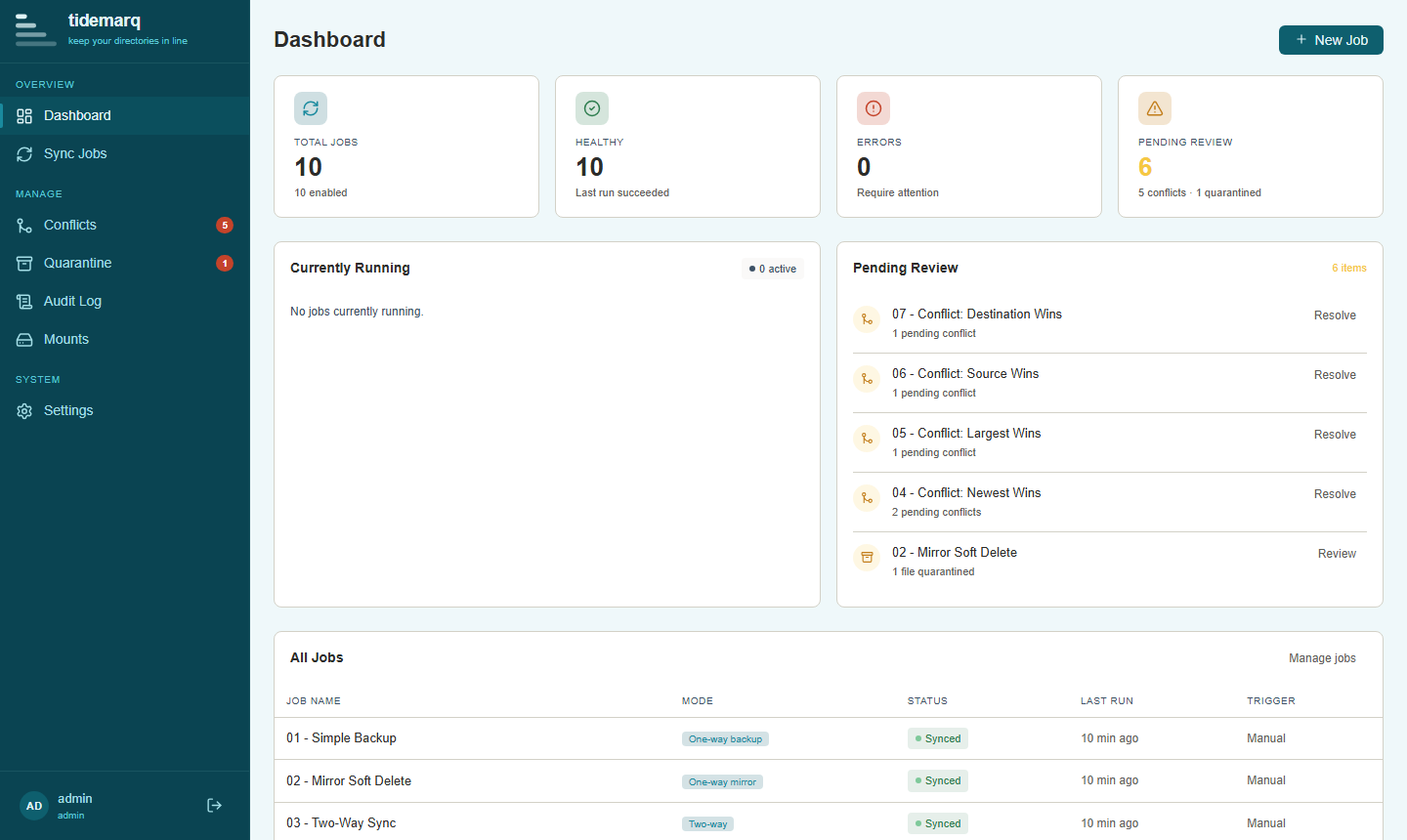 tidemarq dashboard showing sync job status, recent activity, and statistics