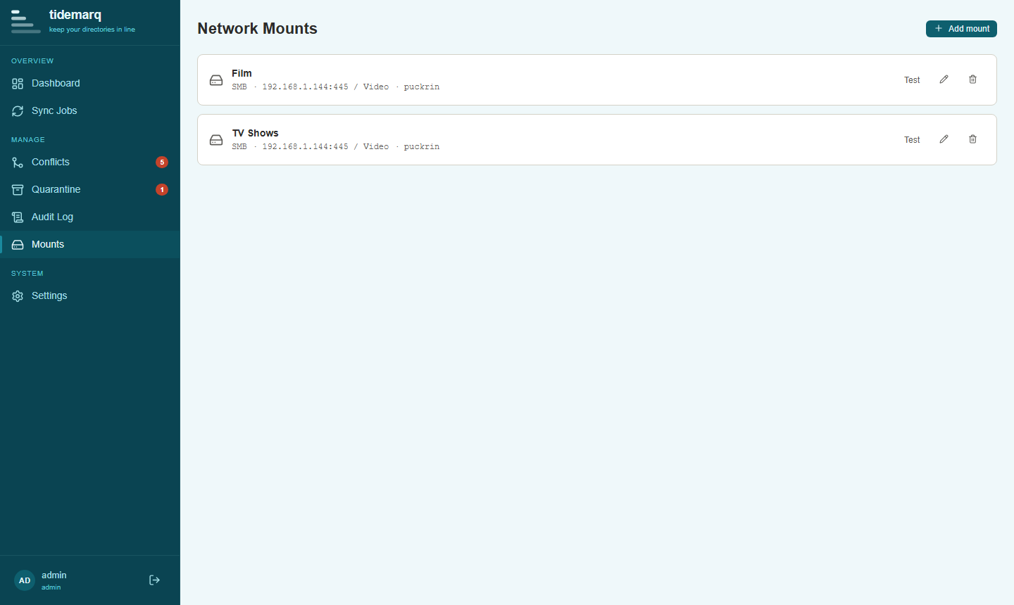 Mounts view showing configured SMB and SFTP mounts