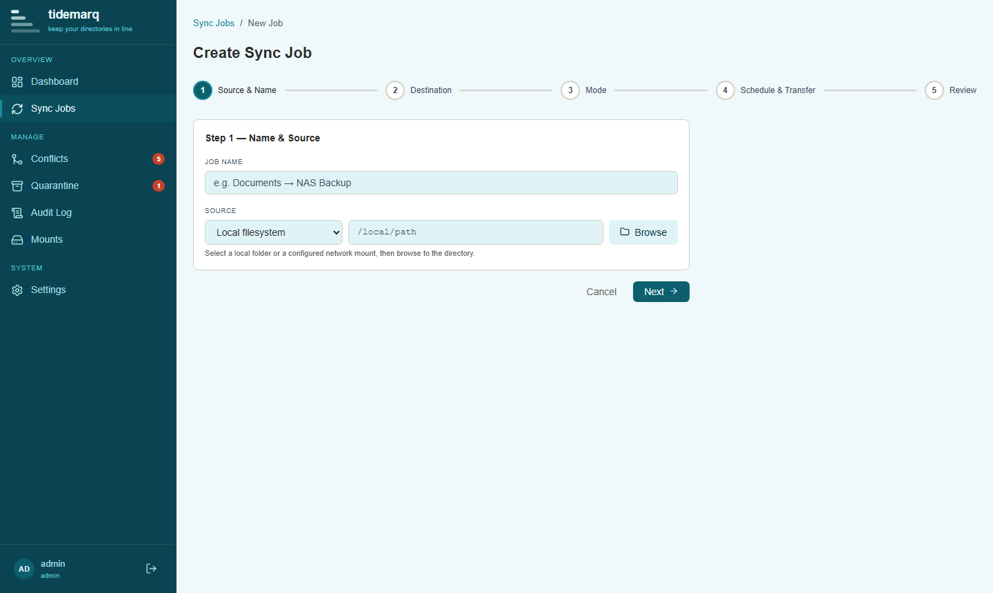New job wizard — step 1