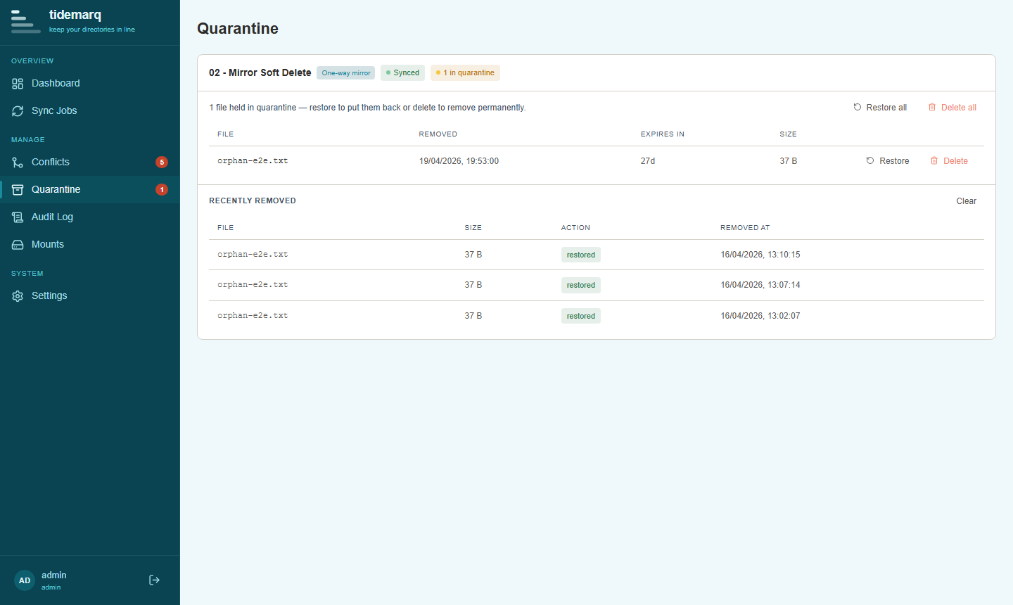 Quarantine view showing soft-deleted files with restore options
